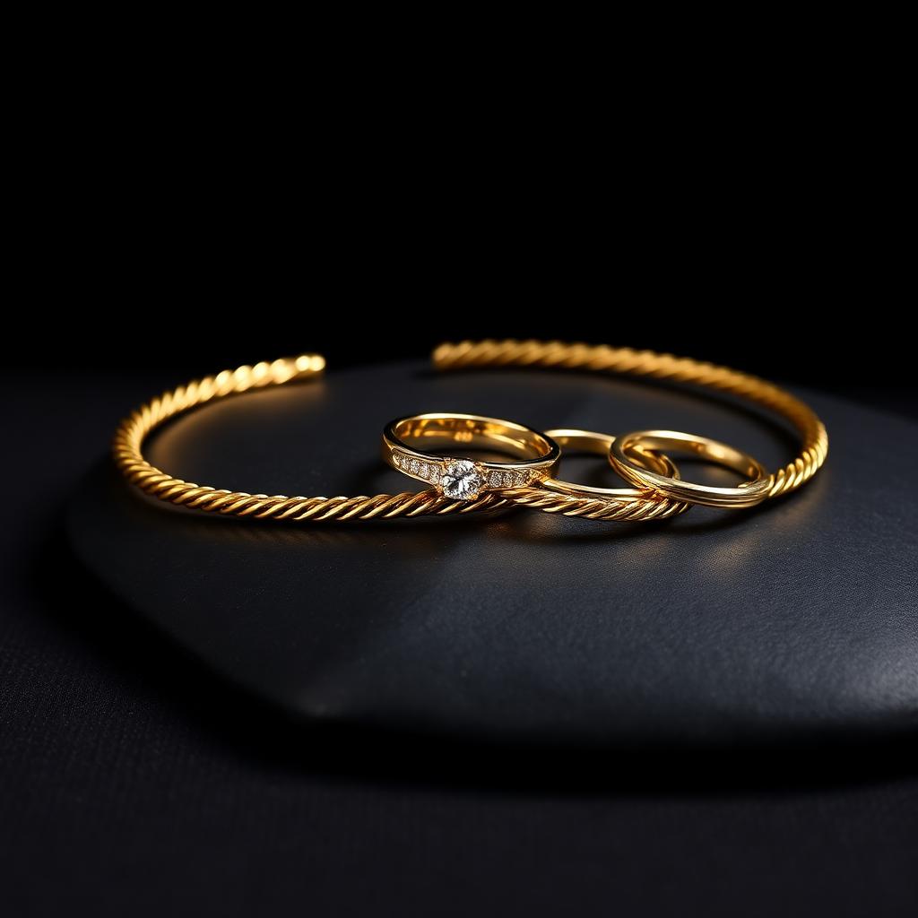 Pulsera y anillos dorados sobre superficie negra